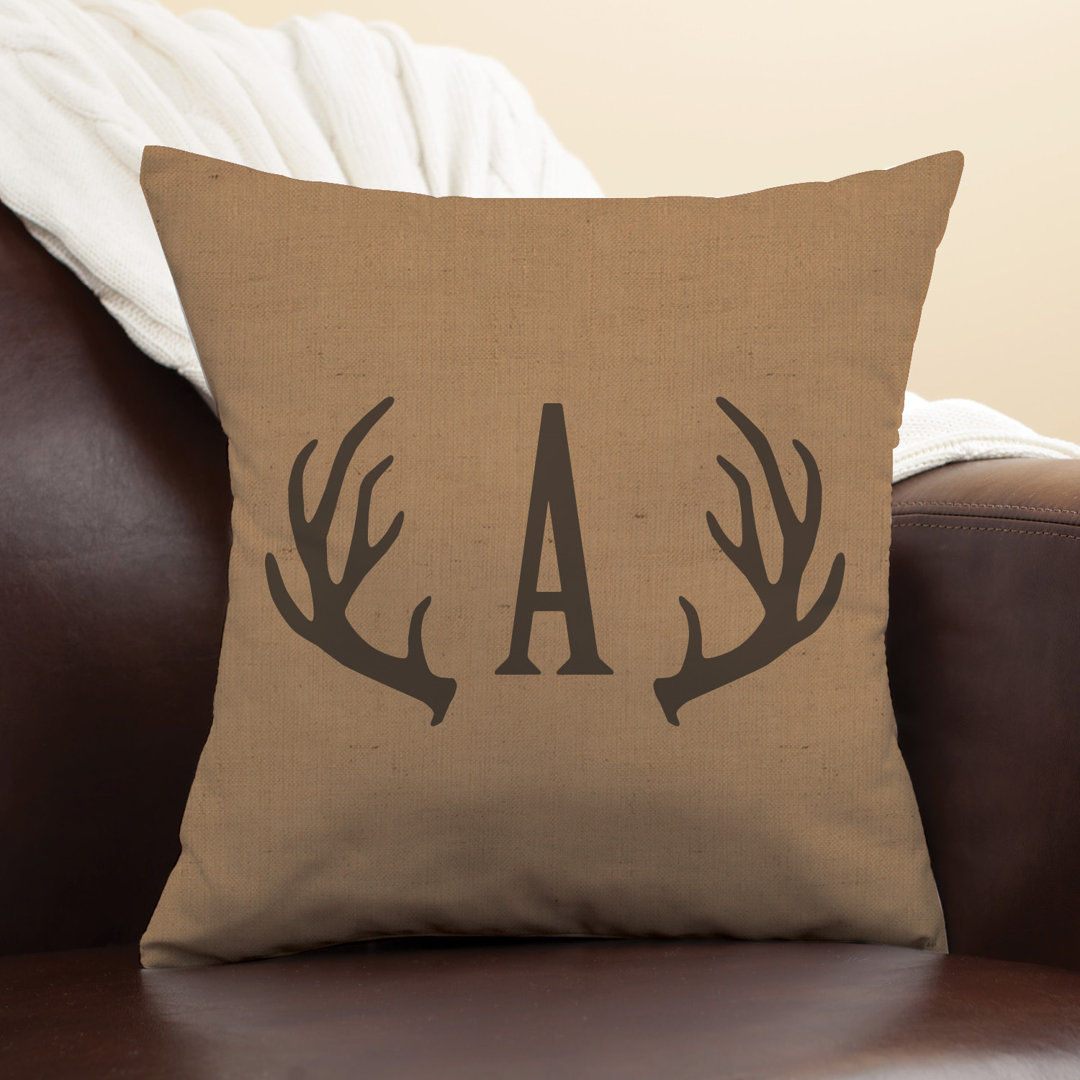 Antlers Throw Pillow With Custom Initial Printed | Camel Square Removable Cover | Cabin Or Hunting Themed Decorative Accent | 14" X 14" CPS
