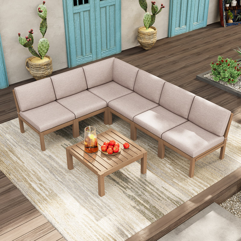 6 - Person Outdoor HIPS Patio Conversation Furniture Set, Brown, Beige Cushion/Teak Frame