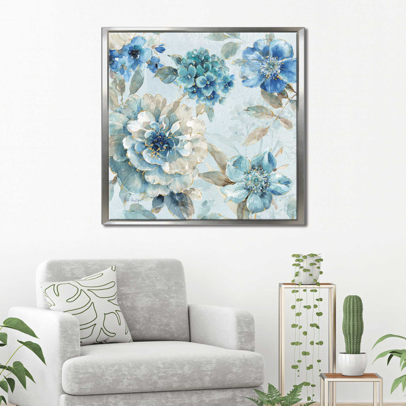 «Indigold IX», reproduction de peinture à l'aquarelle, Cadre flottant argent, H 21,5 po x l 21,5 po x P 2 po