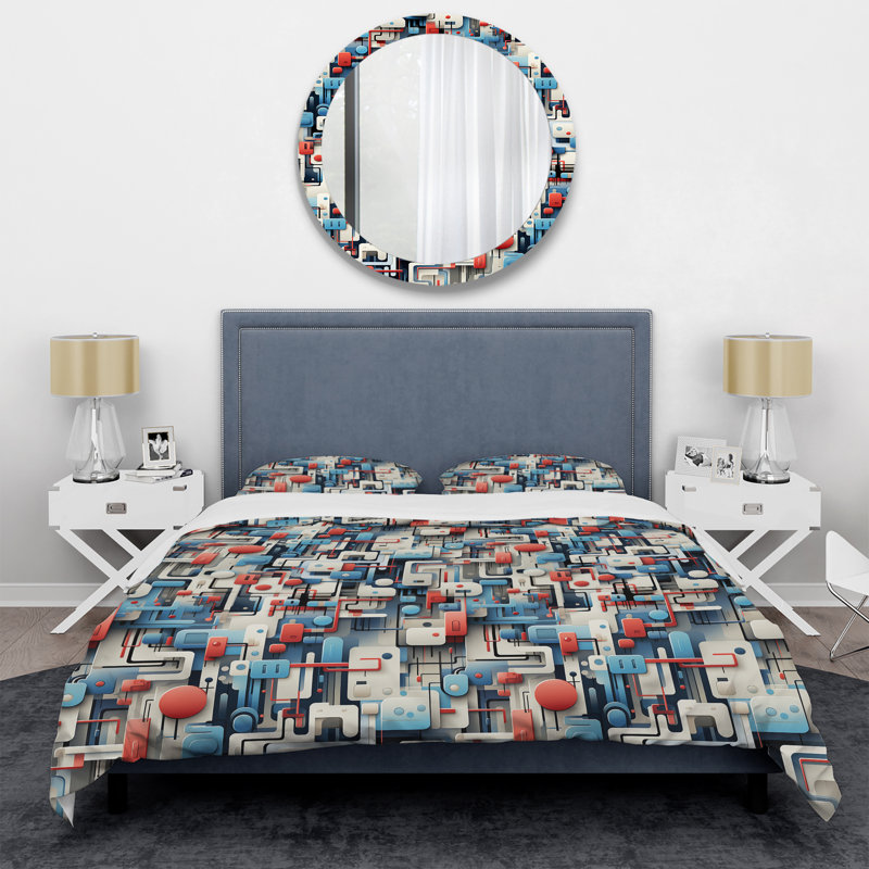 Ensemble de housse de couette à motif géométrique bleu Metropolis Matrix I, Housse de couette simple + 1 taie décorative stan