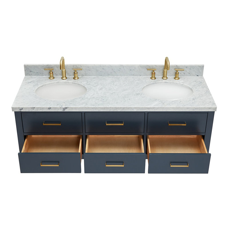Macmullin 61'' Double Bathroom Vanity with Carrara Marble Top, Midnight Blue, Satin Brass