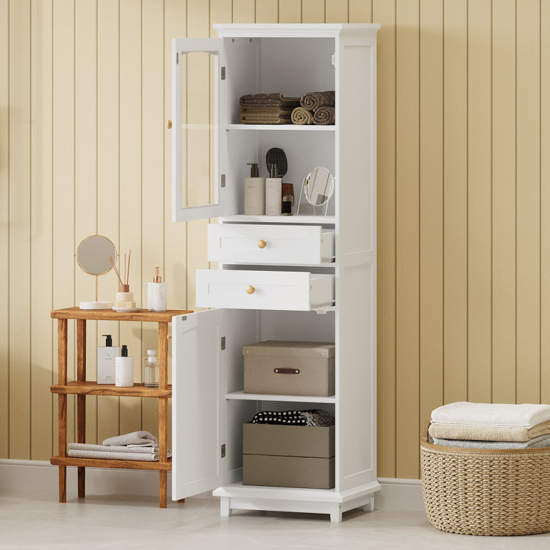 63" Tall Bathroom Storage Cabinet with Glass Doors, Freestanding, 2 Drawers, Adjustable Shelves, MDF, White
