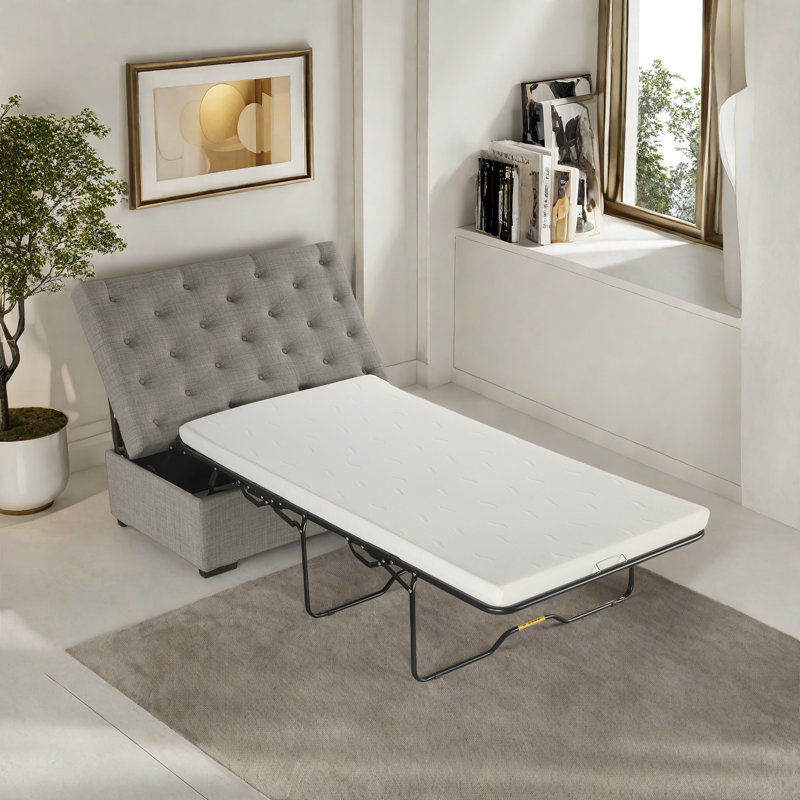 Convertible Ottoman With A Folding Sofa Bed, Frame, Memory Mattress And Tufted Design, Grey
