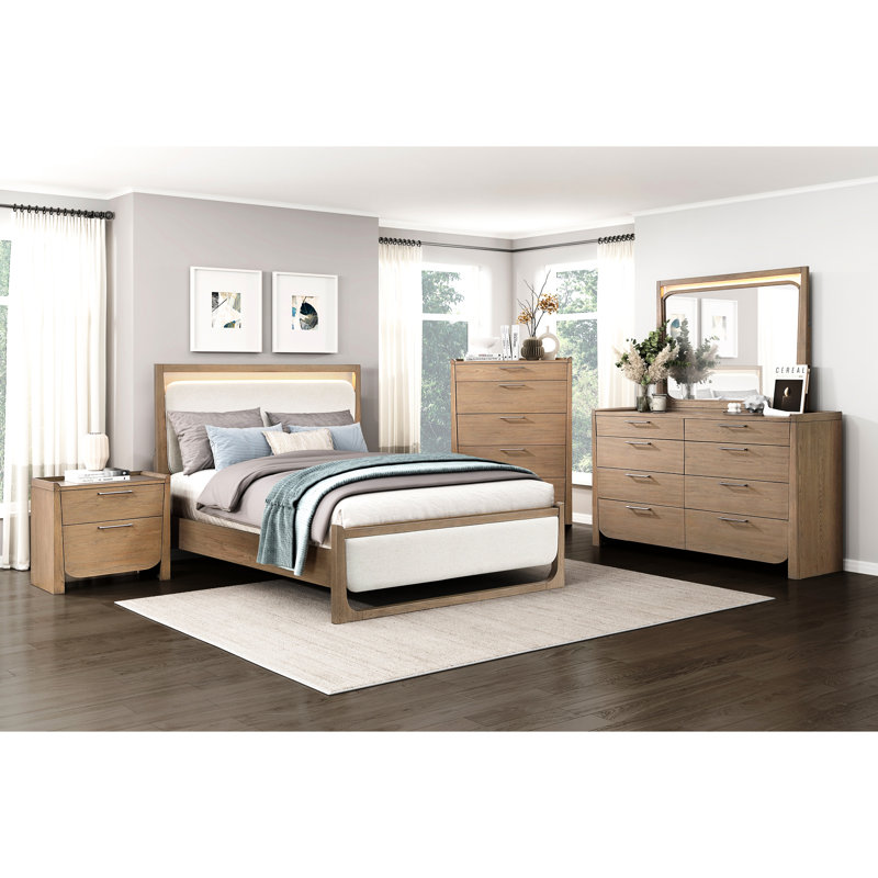 Lit tapissier contemporain brun avec éclairage et cadre à DEL, rails intégrés modernes pour chambre à coucher, mobilier idéal