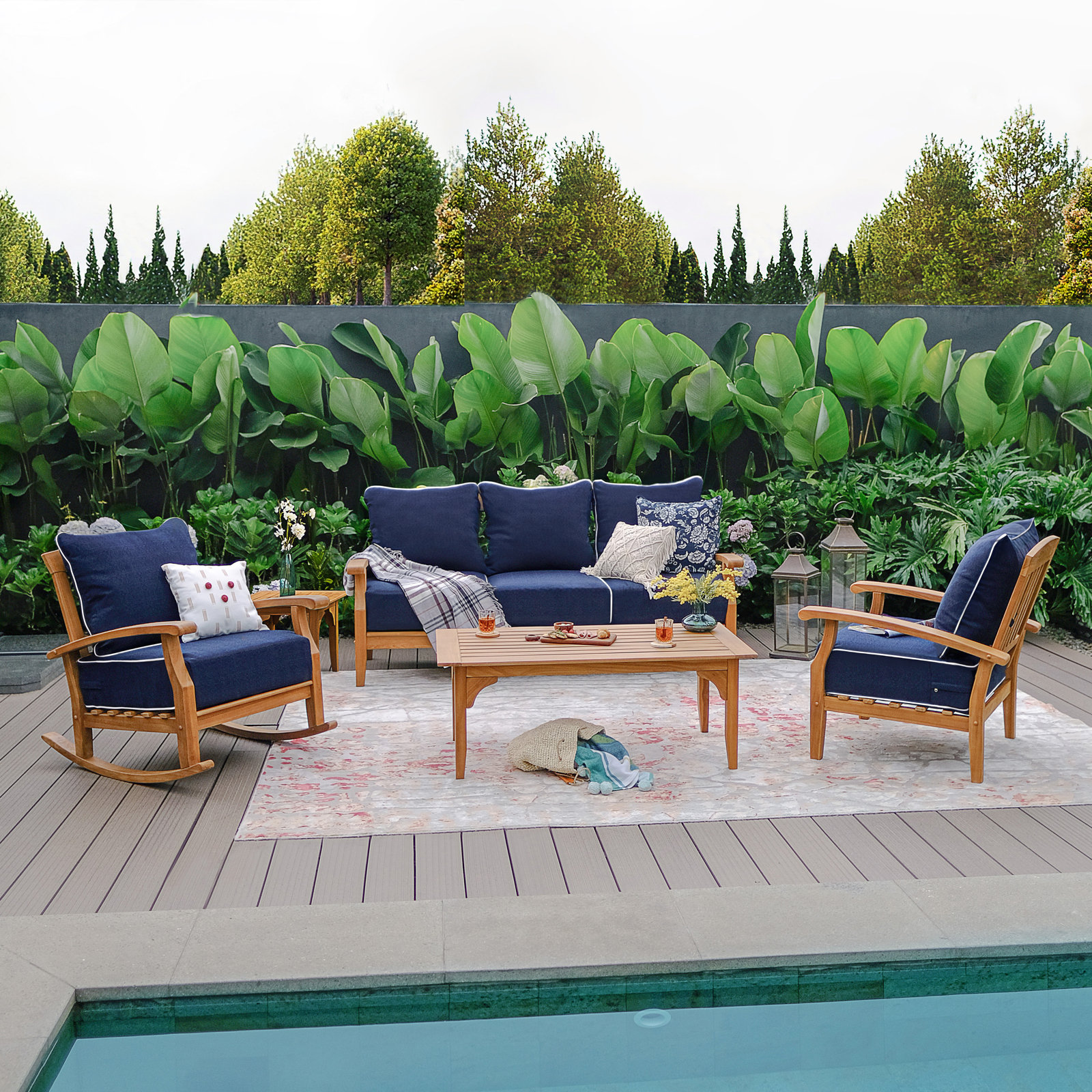Caterina 5-Person Teak Patio Seating Group, Navy White Piping