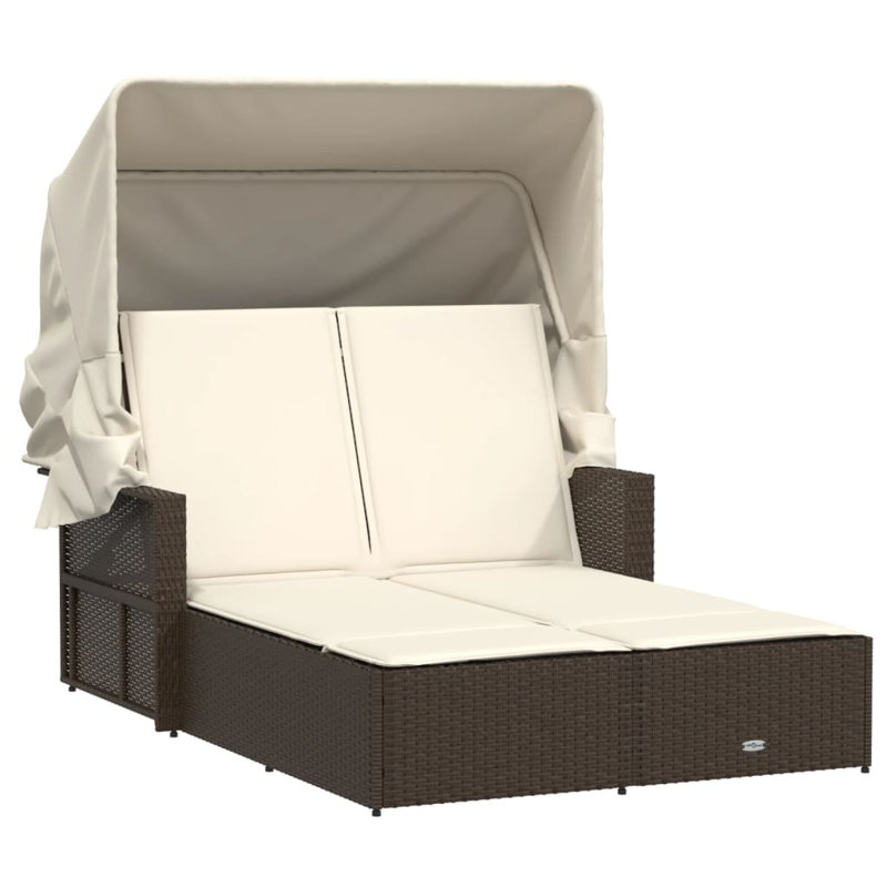 Vidaxl Double Sun Lounger With Canopy And Cushions Poly Rattan, Cream White, Brown