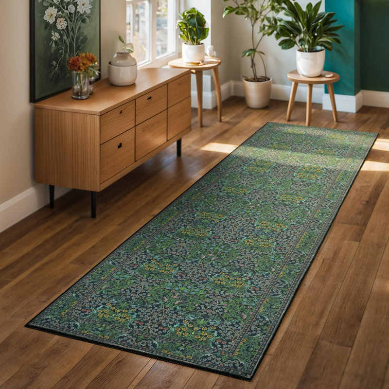 2'X6' Faux Wool Washable Vintage Floral Runner Rug for Hallway Green, Runner 2' x 6'