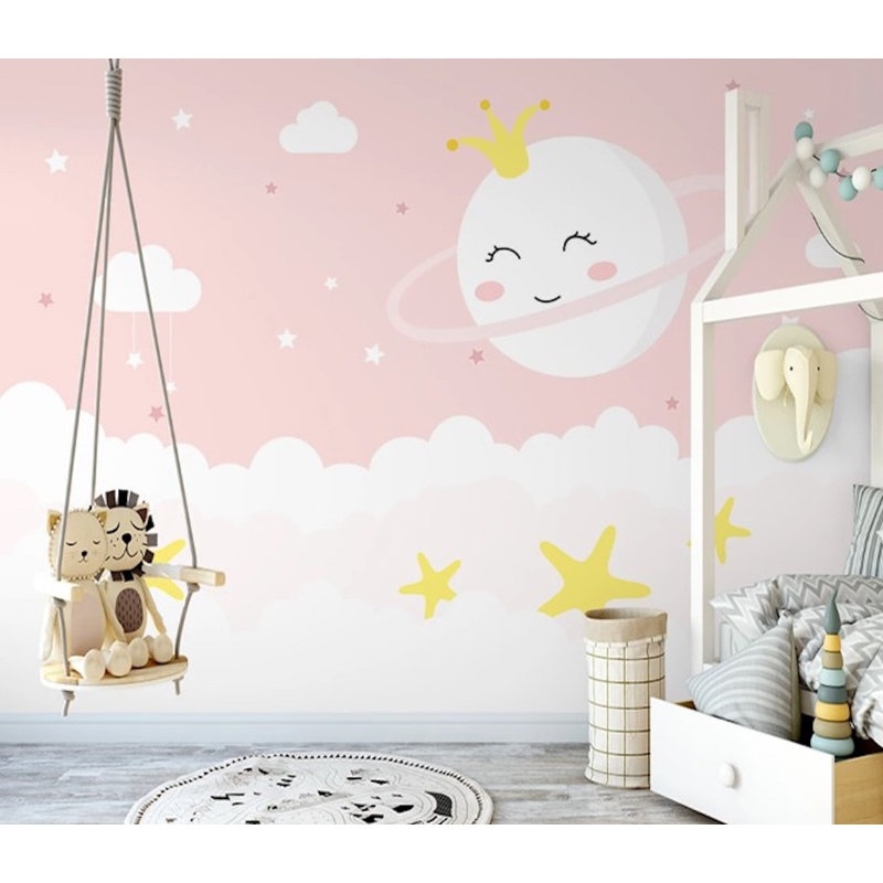 Papier peint amovible Sourire pleine lune avec étoiles sur fond rose, L 48,96 po x l 75 po