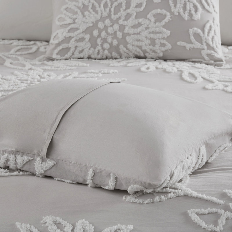 Ensemble d'édredon 3 pièces en chenille de coton touffeté à motif floral gris chaud / blanc double / grand, Gris chaleureux