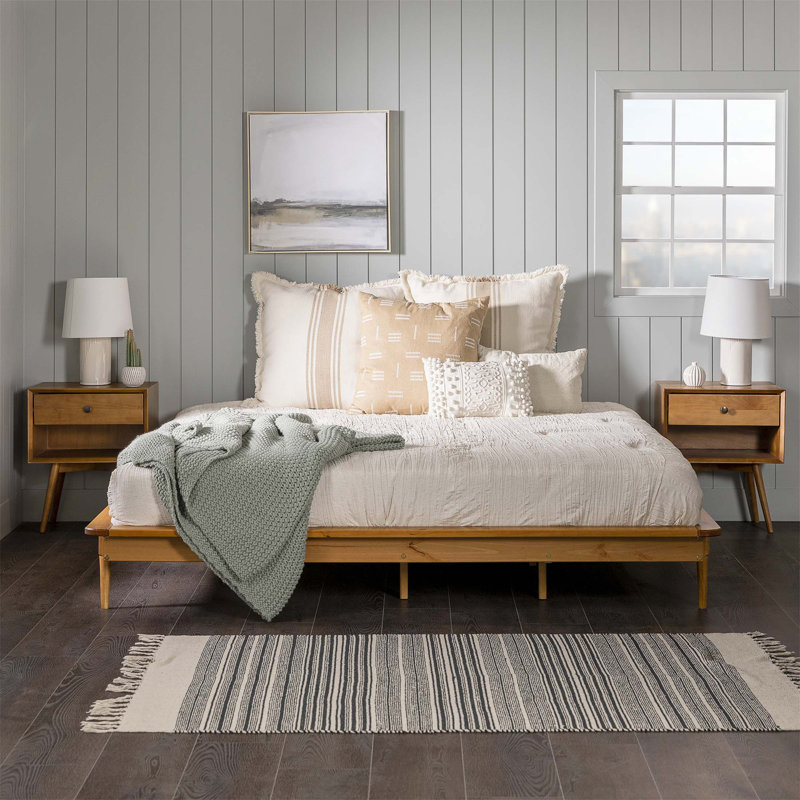 King-Size Mid-Century Modern Solid Pine Platform Bed - Walnut Finish