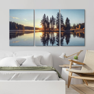 Lever de soleil sur le lac, arbres sereins, calme et sérénité, 3 pièces
