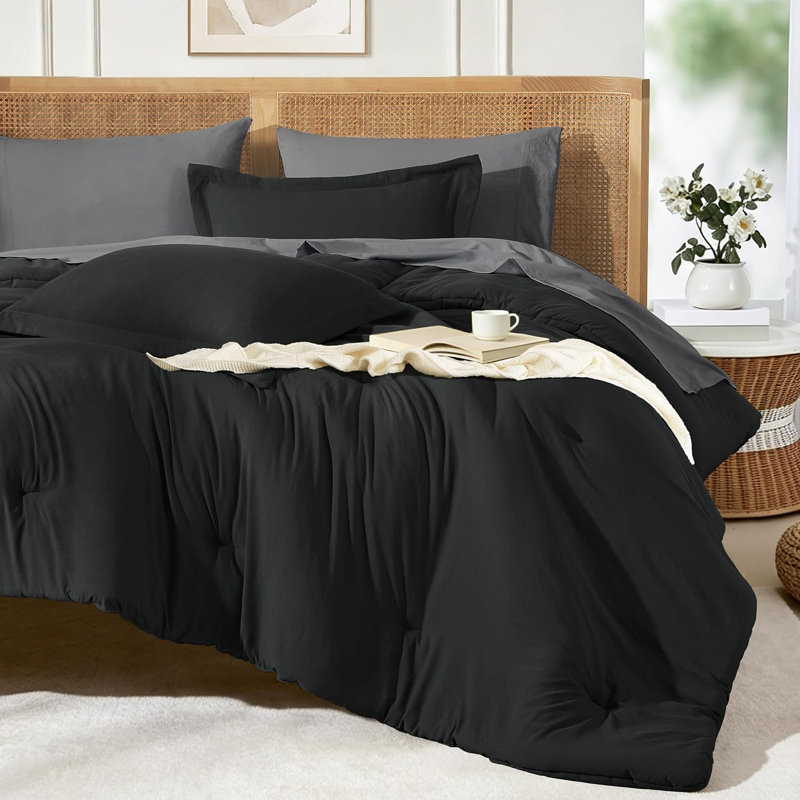 Ensemble de couette prélavé Suncomfy pour grand lit, 7 pièces, noir, Grand lit, Black