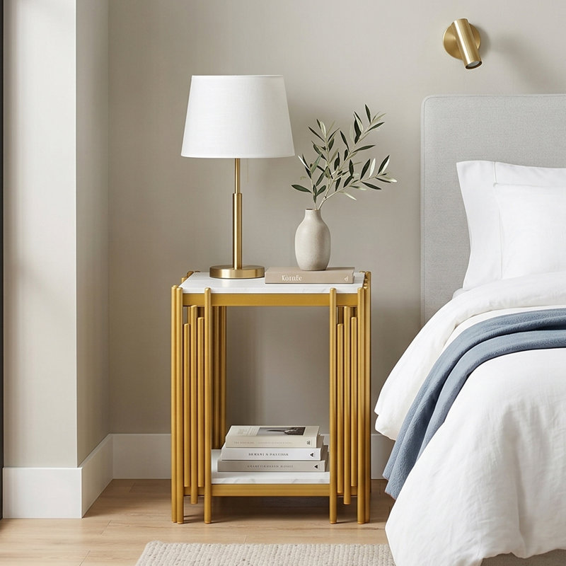 43 cm W Iron Bedside Table, Gold