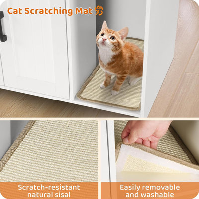 Enceinte de litière pour chat avec tapis à griffer, litière cachée pour chat 27,6 po x 18,2 po x 19,6 po, entrée avant, portes doubles, meuble de salle de bain en bois pour chat, table de bout, blanc et brun rustique
