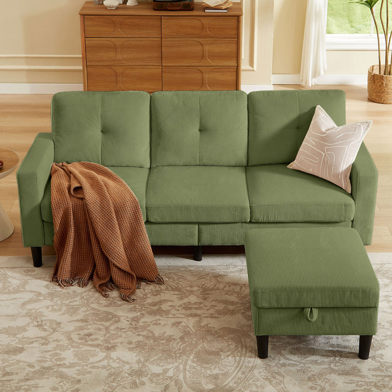 79.14" L Shaped Sofa with Storage Pockets and Reversable Storage Ottoman, Green
