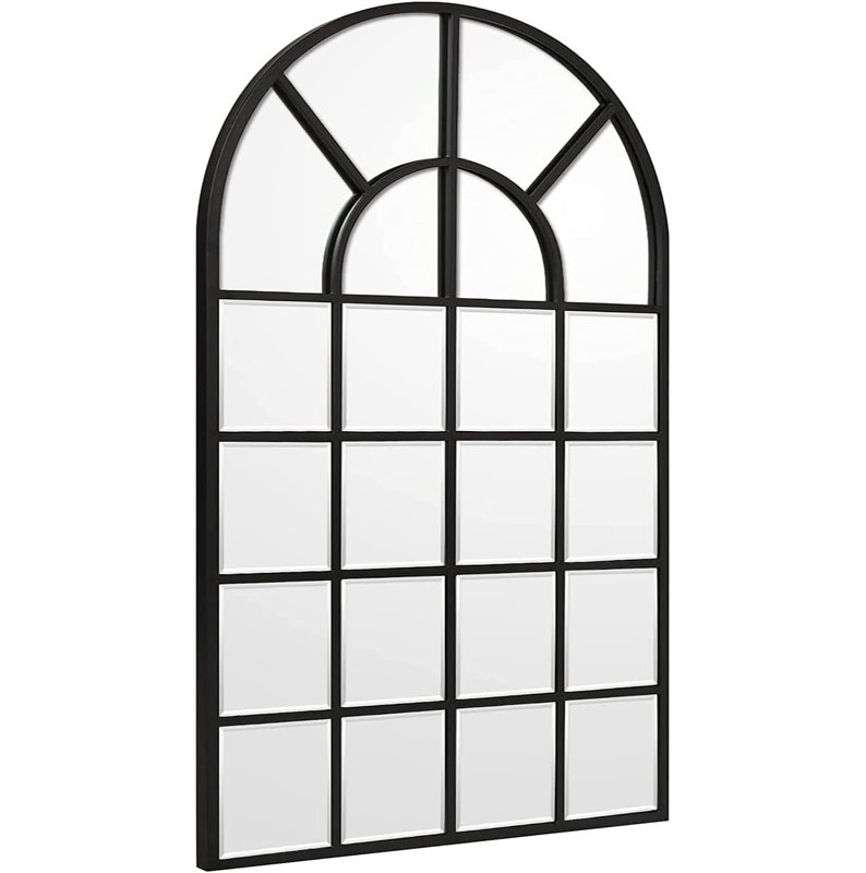 Miroir pleine longueur 28,5 po x 50 po à carreaux arqués noirs - Cadre en métal noir mat avec 16 panneaux biseautés pour chambre, entrée et salon