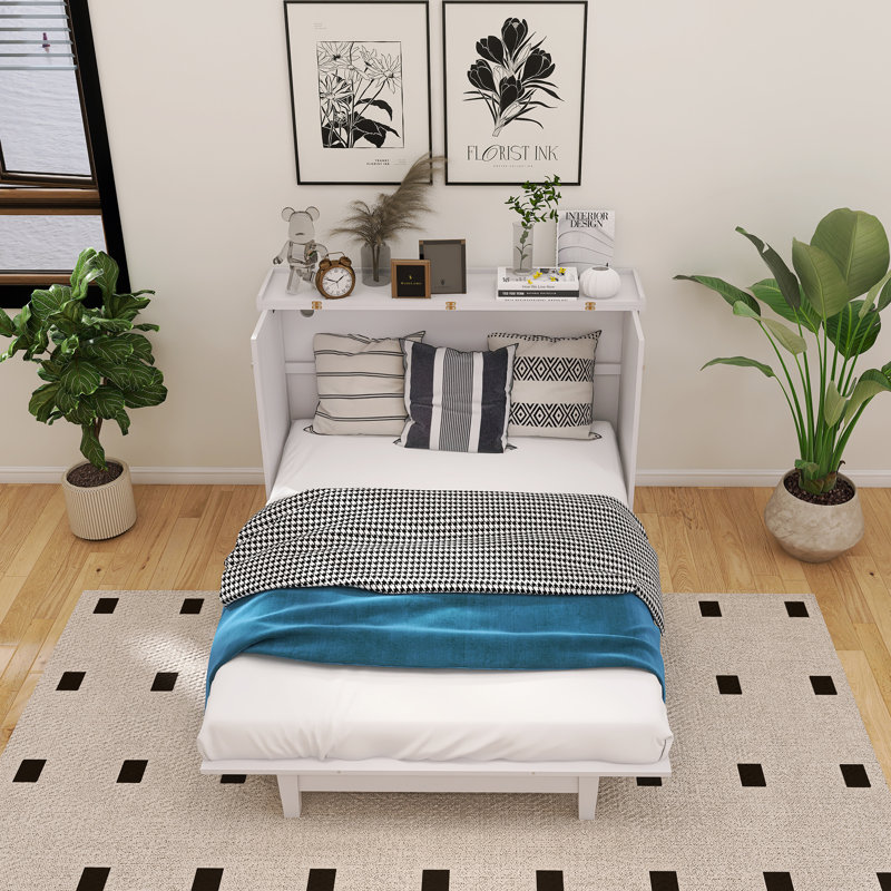 Armoire-lit escamotable Murphy avec station de charge et grand tiroir de rangement, Lit double, Blanc