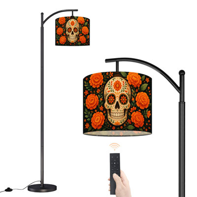 Lampe sur pied arquée avec abat-jour réglable, motif tête de mort mexicaine, 3 températures de couleur, intensité variable, lampe sur pied avec interrupteur au pied pour chambre à coucher