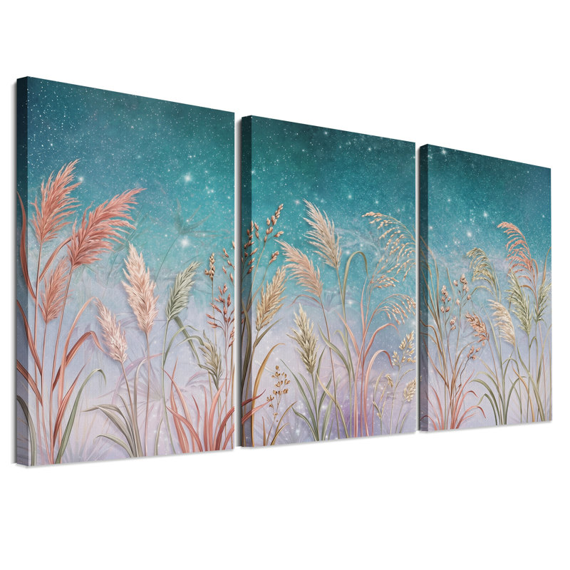 Ensemble de 3 toiles roses et beiges dans un ciel étoilé bleu sarcelle, H 18 po x l 12 po x 3 pièces