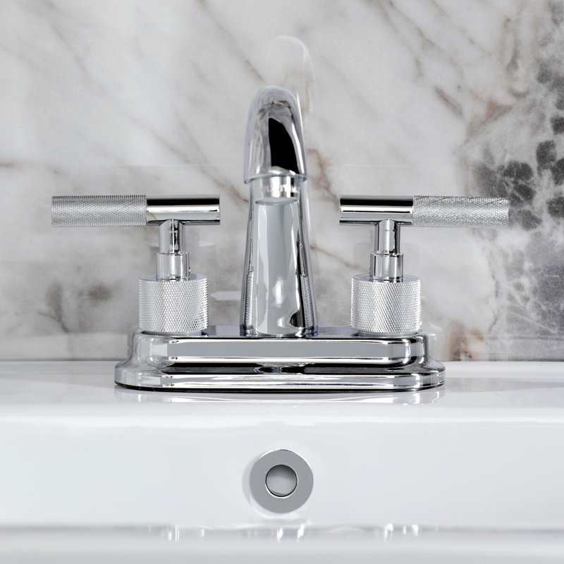 Robinet de salle de bain central à 4 trous à fixation sur comptoir à 3 trous avec poignée moletée et bonde escamotable en laiton Kingston
