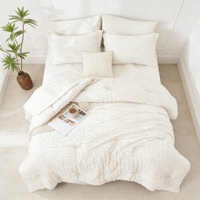 Cal  Seersucker Comforter Set 7 Pieces Ivory Bed In A Bag
