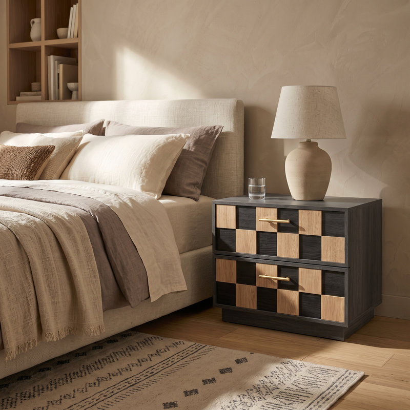 Table de chevet à damier à 2 tiroirs de 63 cm de large