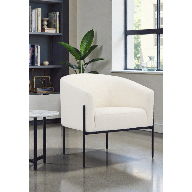    Pangea Home Amanda 29" W Polyester Barrel Chair - Boucle Arm Chair – Modern Accent Lounge Chair in Upholstered White Bouclé with Black Metal Legs - White Arm Chair
