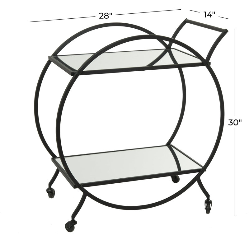  Bray Gold Metal Rolling Round 2 Mirrored Shelf Bar Cart with Top Handle, Black