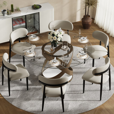  Table de salle à manger moderne pour 4-6 personnes avec plateau en verre trempé, base en acier au carbone pré-assemblée