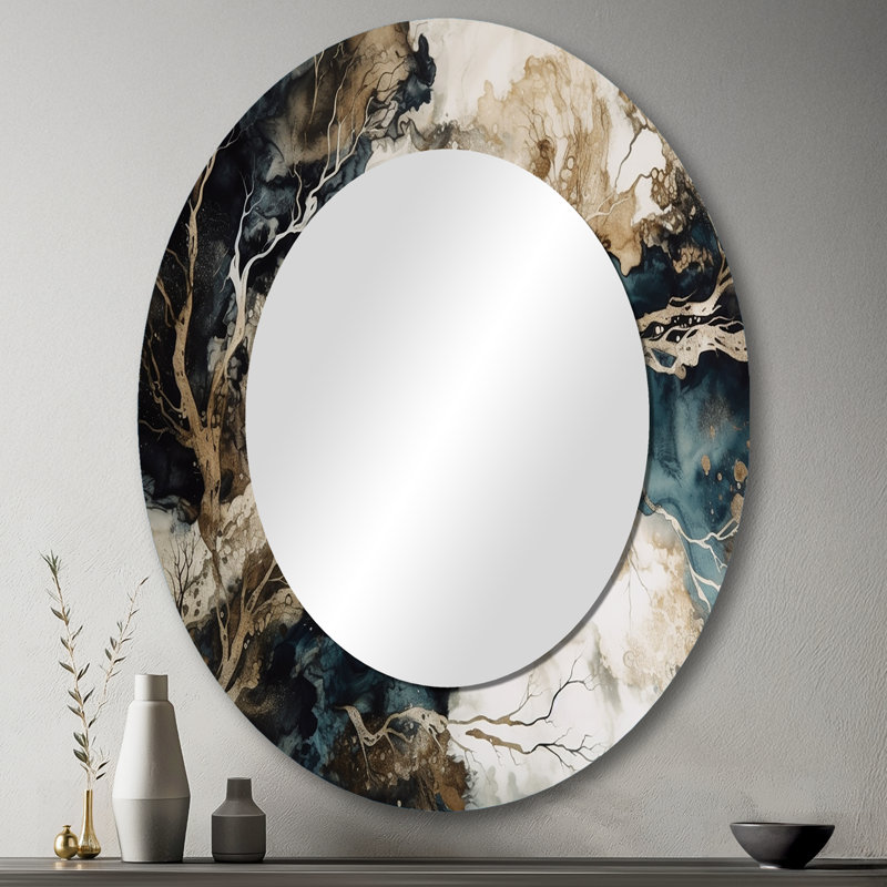 Pallavi, bleu, beige, marbré, Dreamscape I - miroir décoratif géométrique, miroir mural moderne, impression d'art en métal