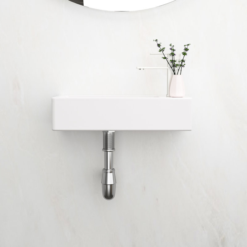 14.96X7.07 Inch Ceramic Bathroom Sink - Wall Mount, White, Stain , Rectangular, Faucet Hole Provided Mounted 14.96"L X 7.07"W 3.58"H,