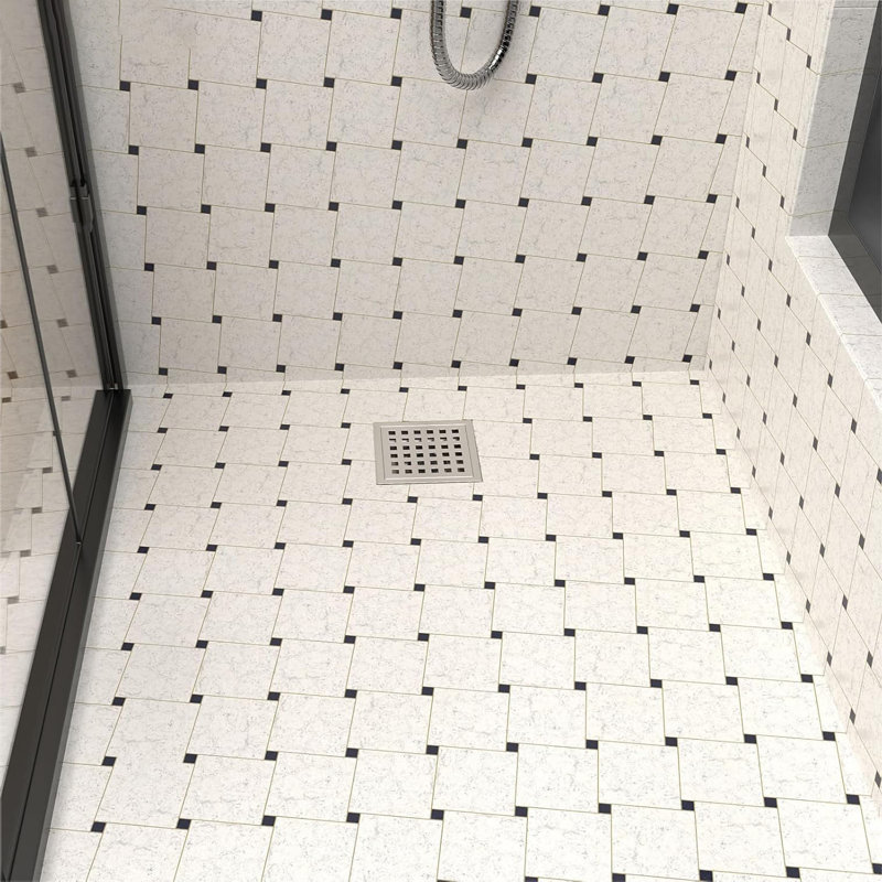 4-Inch Square Shower Floor Drain, Quadrato Pattern Grate，Kswhy0004Rs, Brushed Nickel