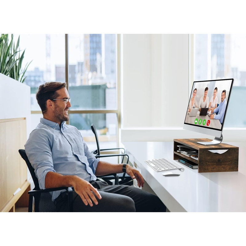 Support pour écran d'ordinateur en bois à 2 niveaux, support pour écran d'ordinateur portable à double couche compatible avec le moniteur PC Imac, organisateur de bureau polyvalent pour espace de travail de bureau à domicile