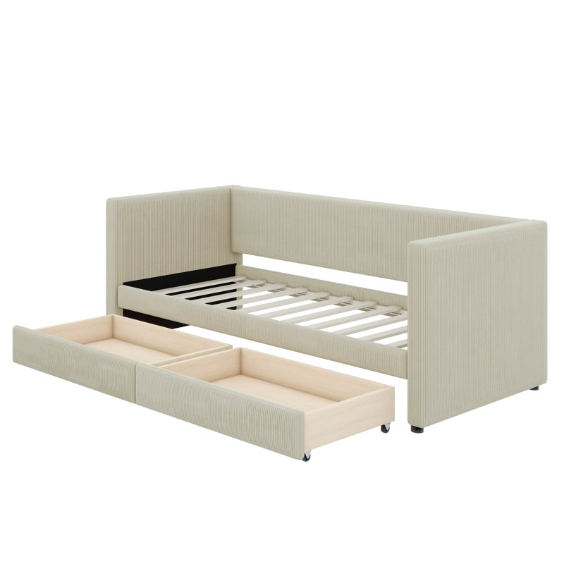 Twin Size Corduroy Daybed With Two Drawers And Wood Slat, Beige