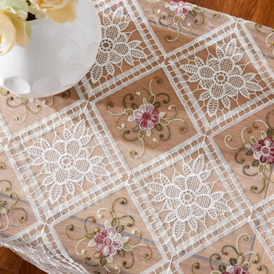 Oralie Square Floral Lace Tablecloth with Elegant Red Flower Design. Macrame Tablecloth for All Occasions