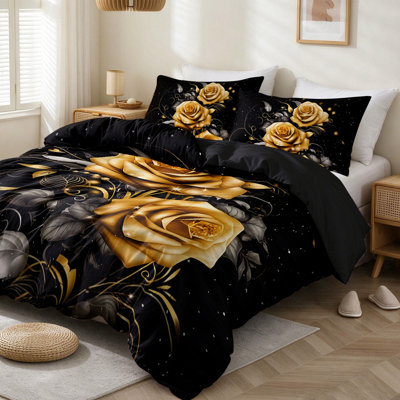 Ensemble de housse de couette style gothique pour grand lit, ensemble de literie 3 pièces pour décoration de chambre à coucher Housse d'édredon rétro en squelette doré avec 1 taie d'oreiller