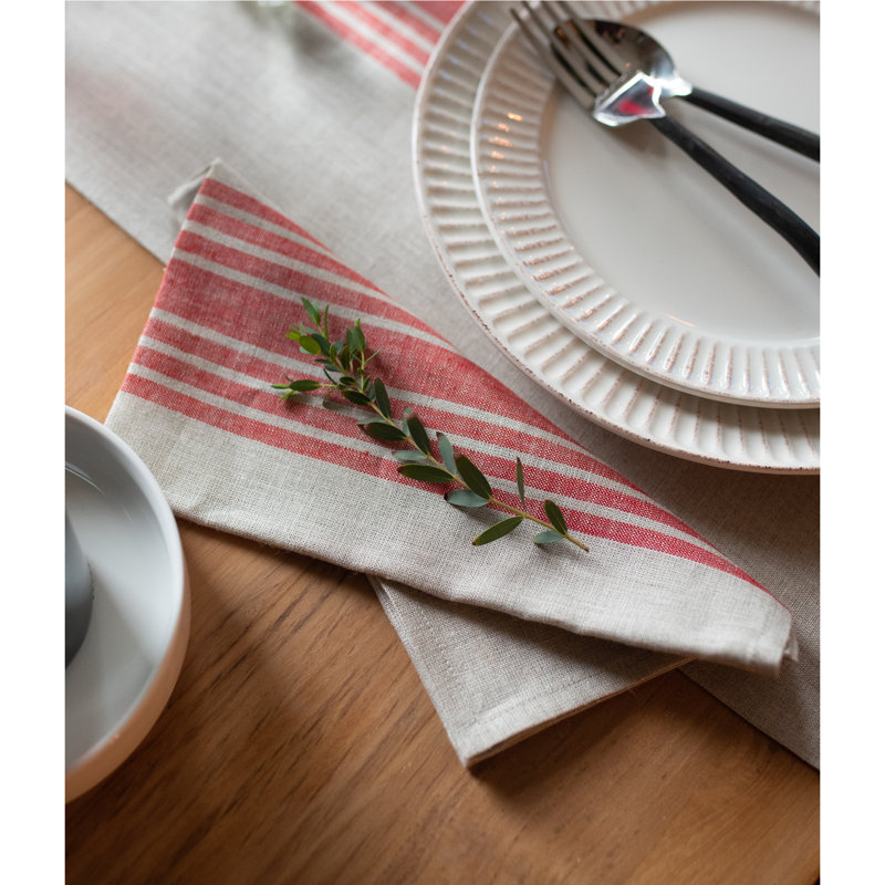 Farmhouse - 100% Pure Linen Dinner Napkins, Red and Natural