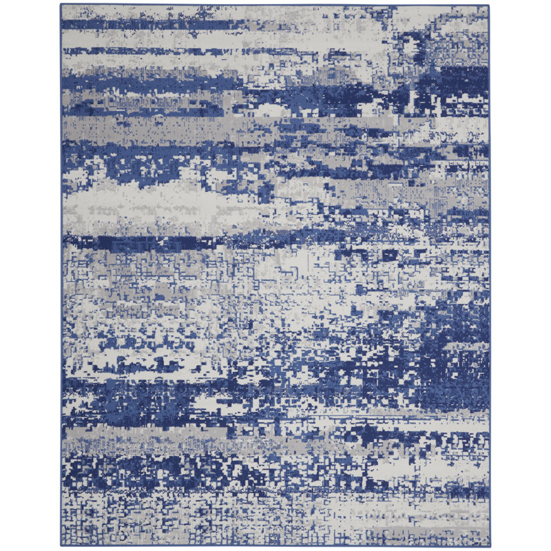 Tapis abstrait bleu / ivoire en polypropylène tissé à la machine, Rectangle 8 pi 4 po x 11 pi 6 po