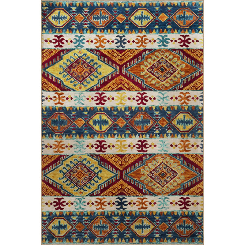 Tapis décoratif bleu / orange à motifs mixtes, Rectangle 3 pi 9,81 po x 4 pi 11,06 po