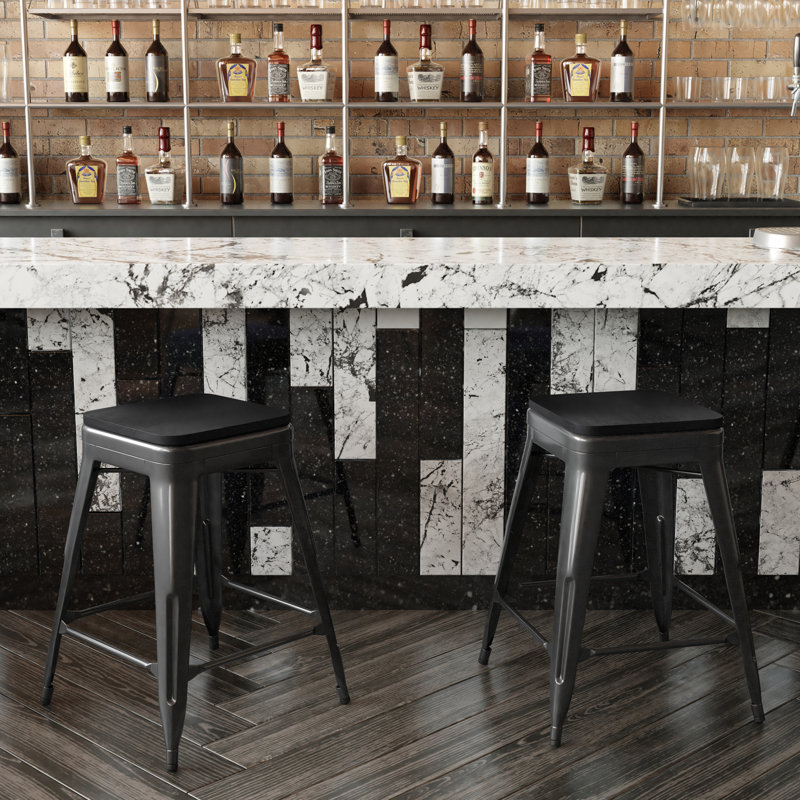 Bushea All-Weather Backless Commercial Bar Stool with Poly Resin Seat, Counter Stool (24" Seat Height), Black