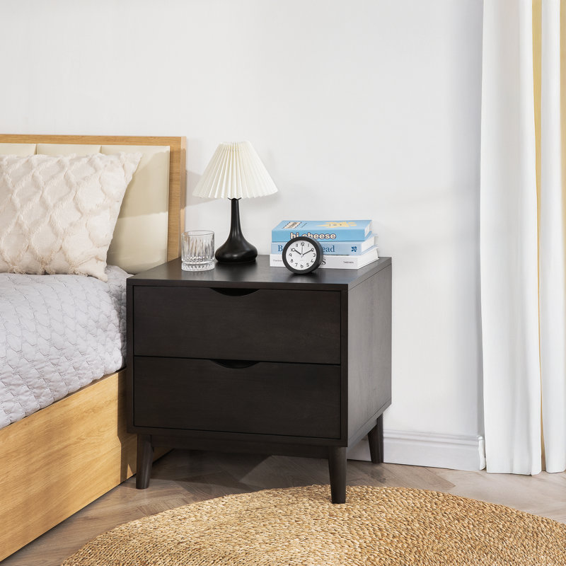 2-drawer Nightstand With Solid Wood Base, Black