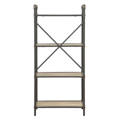 Four Tier Metal Bookshelf With Wooden Shelves, Oak Brown & Gray