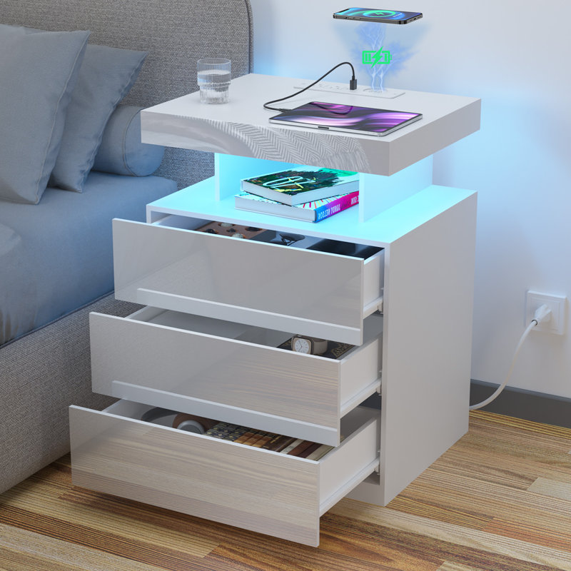 Britini Manufactured Wood Nightstand with Wireless Charging Station, LED Lights and 3 Drawers, White