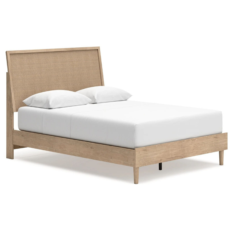 Grand lit à panneau Ciel avec tête de lit style canne, bois brun et beige, Grand