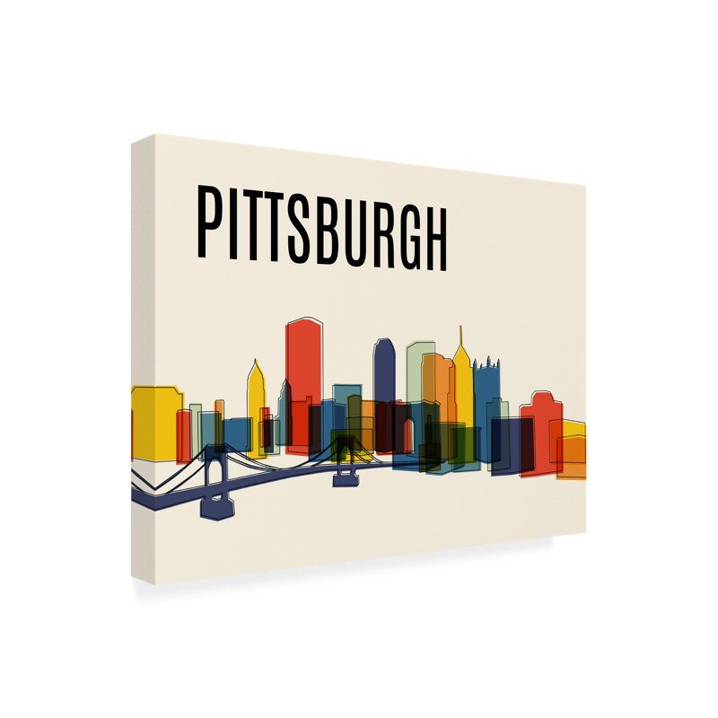 Paysage urbain moderne Mid-Century de Pittsburgh, H 14 po x l 19 po x P 2 po