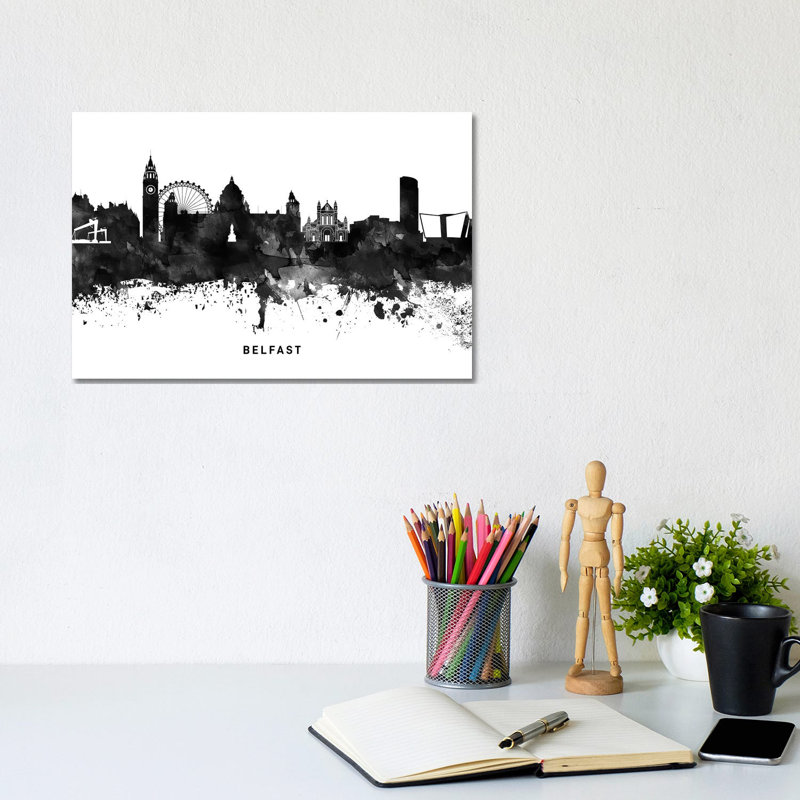 Belfast Skyline Black And White by WallDecorAddict - Wrapped Canvas Print, 20.32 cm H x 30.48 cm W