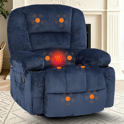 Fauteuil inclinable surdimensionné, très large, pivotant sur 360 ° et chauffant à bascule pivotant | Fauteuil inclinable en velours côtelé avec porte-gobelets, poche latérale, rangement pour accoudoirs, fauteuil inclinable électrique pour le salon