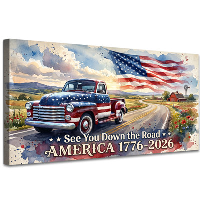 250 Years of Freedom American Eagle Flag Canvas Wall Art, See You Down the Road USA Truck Picture Prints for Living Room Office Patriotic Large Paintings Anniversary Decor 16×32 Inch