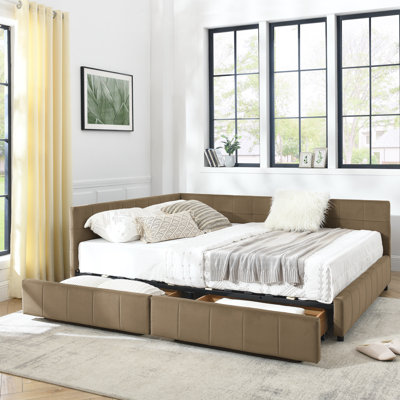 Queen Size Velvet Upholstered Tufted Daybed with Backrest, Armrests & 2 Storage Drawers for Bedroom or Living Room, (85.5