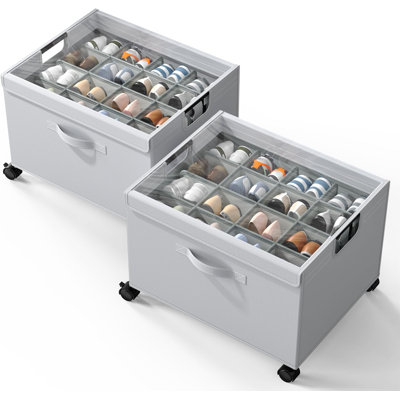 2 Pack Foldable Shoe Storage Organizer Box with Wheels and Adjustable Dividers, Sturdy Metal Frame Fits up to 16-32 Pairs
